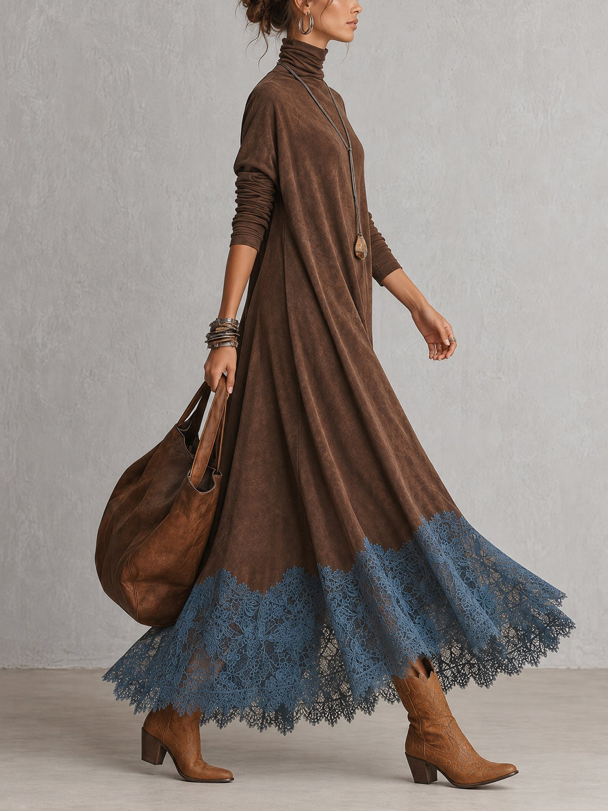 Brunella | Vestido Largo Efecto Ante con Encaje