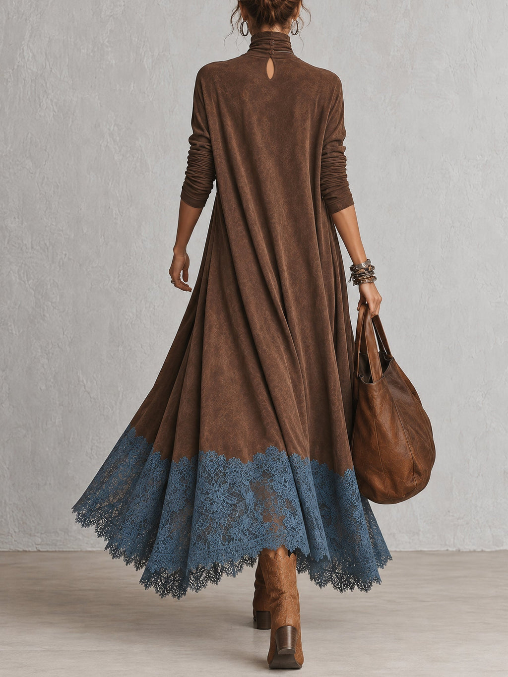 Brunella | Vestido Largo Efecto Ante con Encaje