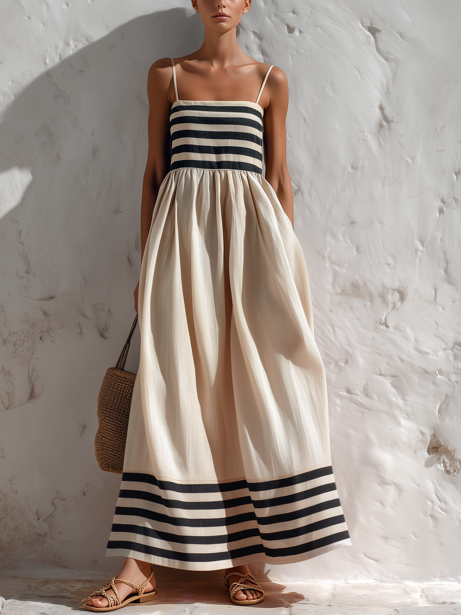 Ana · Vestido largo a rayas negras y beige con tirantes finos