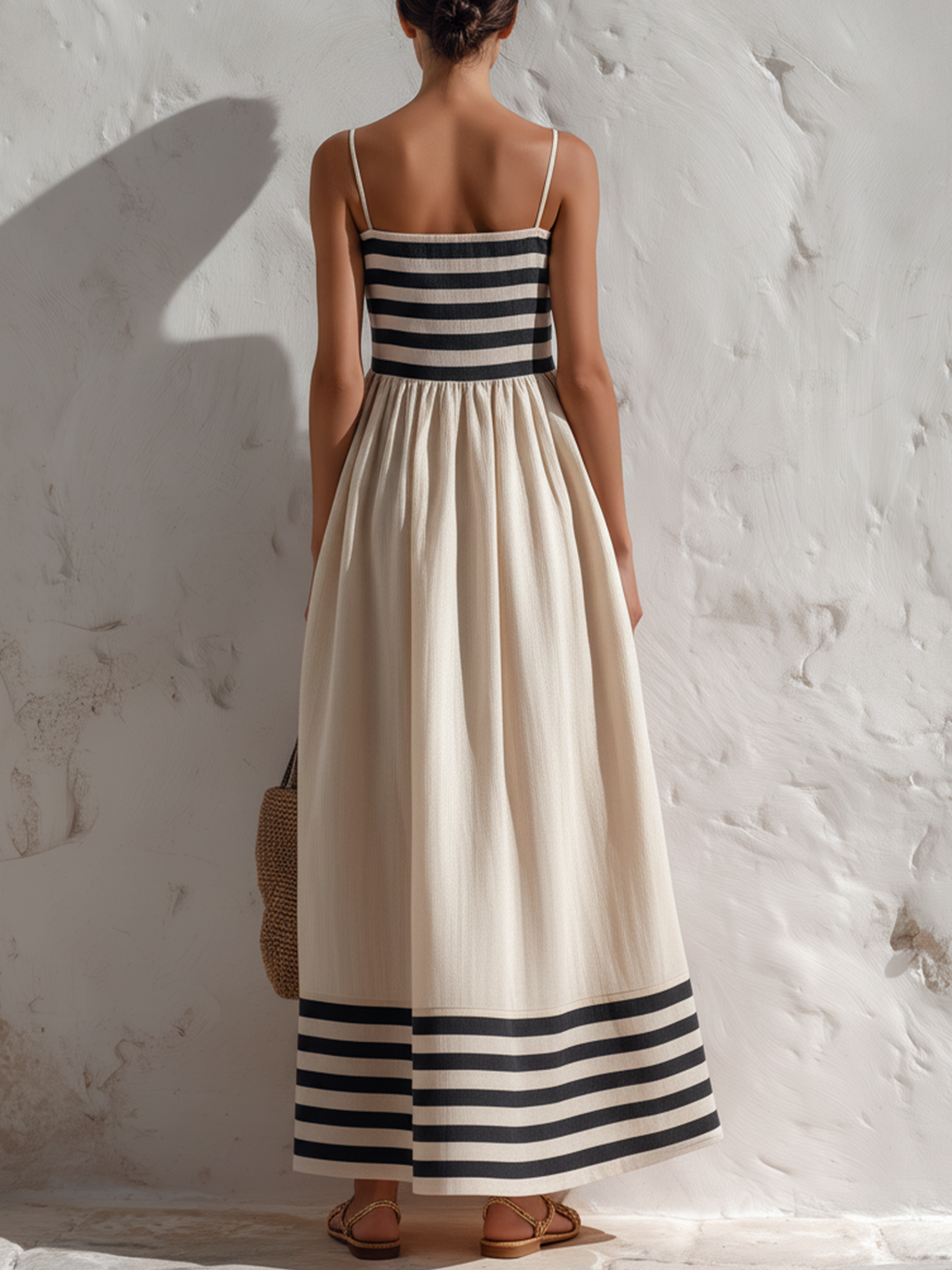 Ana · Vestido largo a rayas negras y beige con tirantes finos