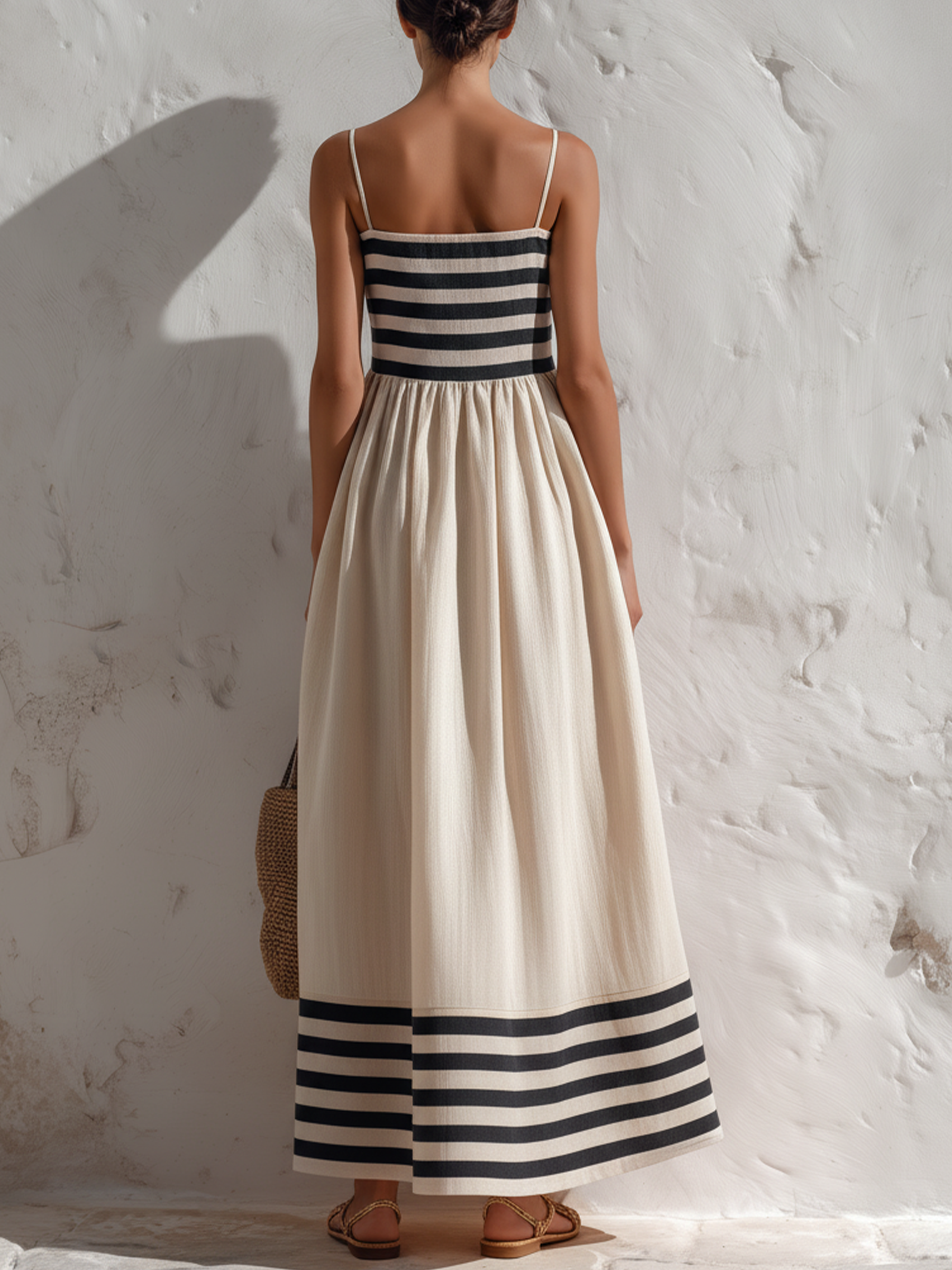 Ana · Vestido largo a rayas negras y beige con tirantes finos