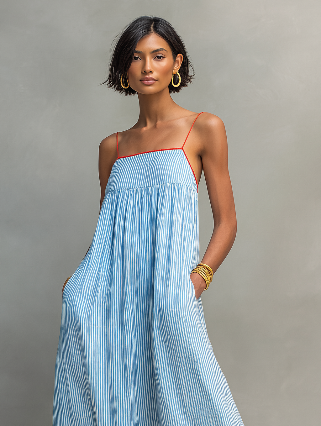 Alma · Vestido Azul con Tirantes Finos y Bolsillos