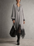 Raquel | Vestido Midi Gris de Punto con Encaje