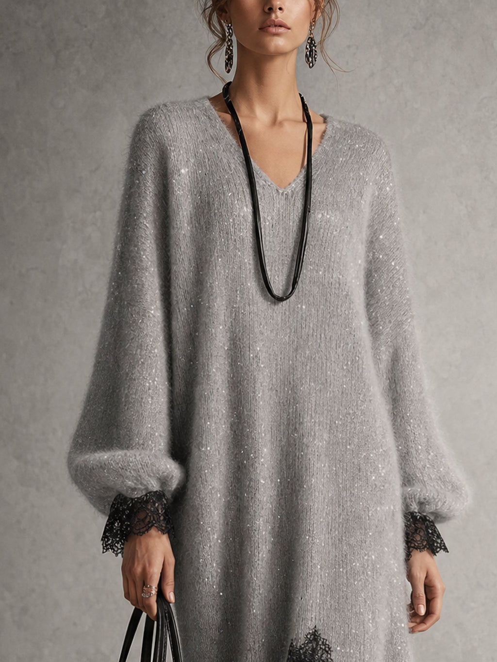 Raquel | Vestido Midi Gris de Punto con Encaje