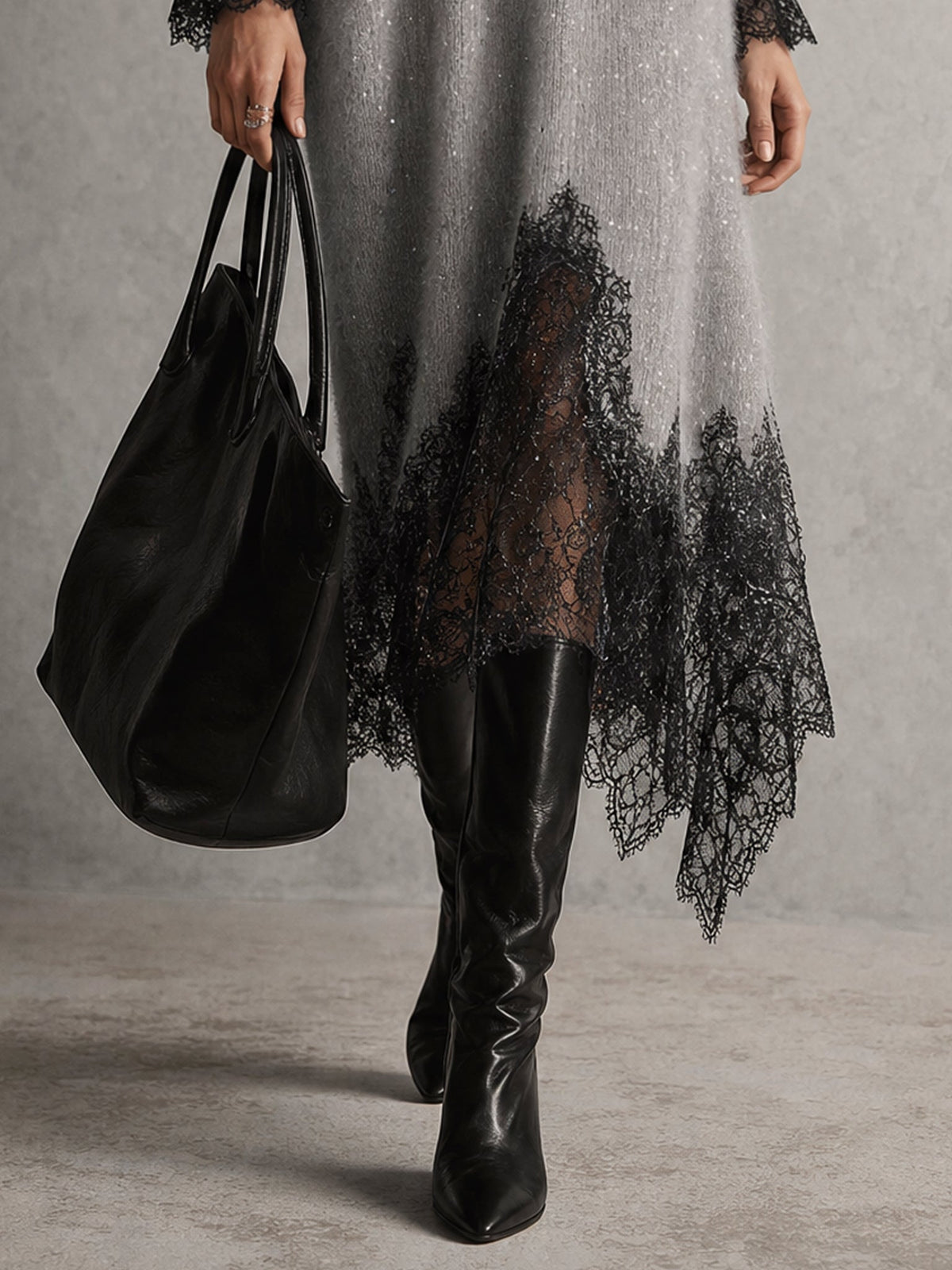 Raquel | Vestido Midi Gris de Punto con Encaje