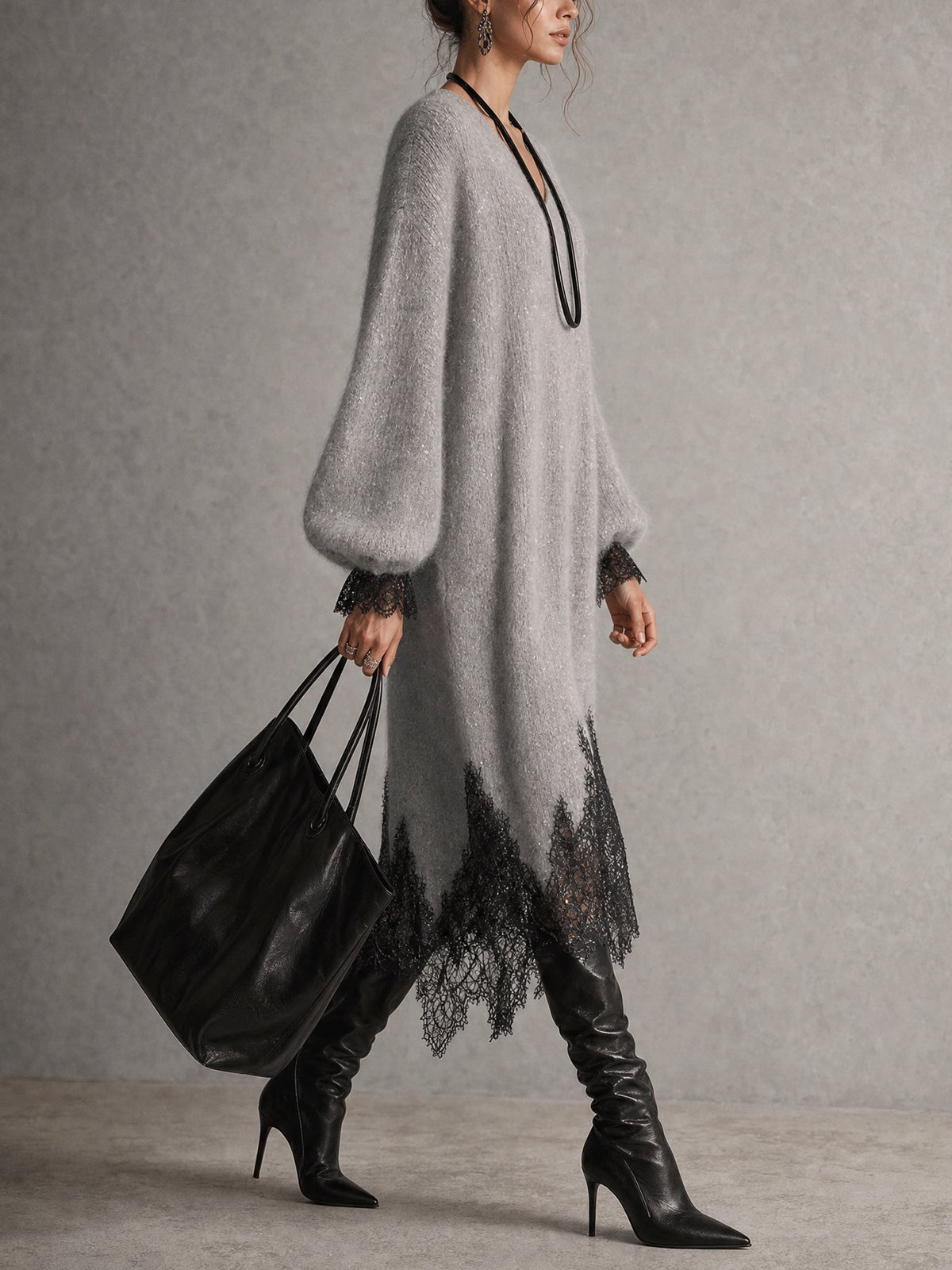 Raquel | Vestido Midi Gris de Punto con Encaje