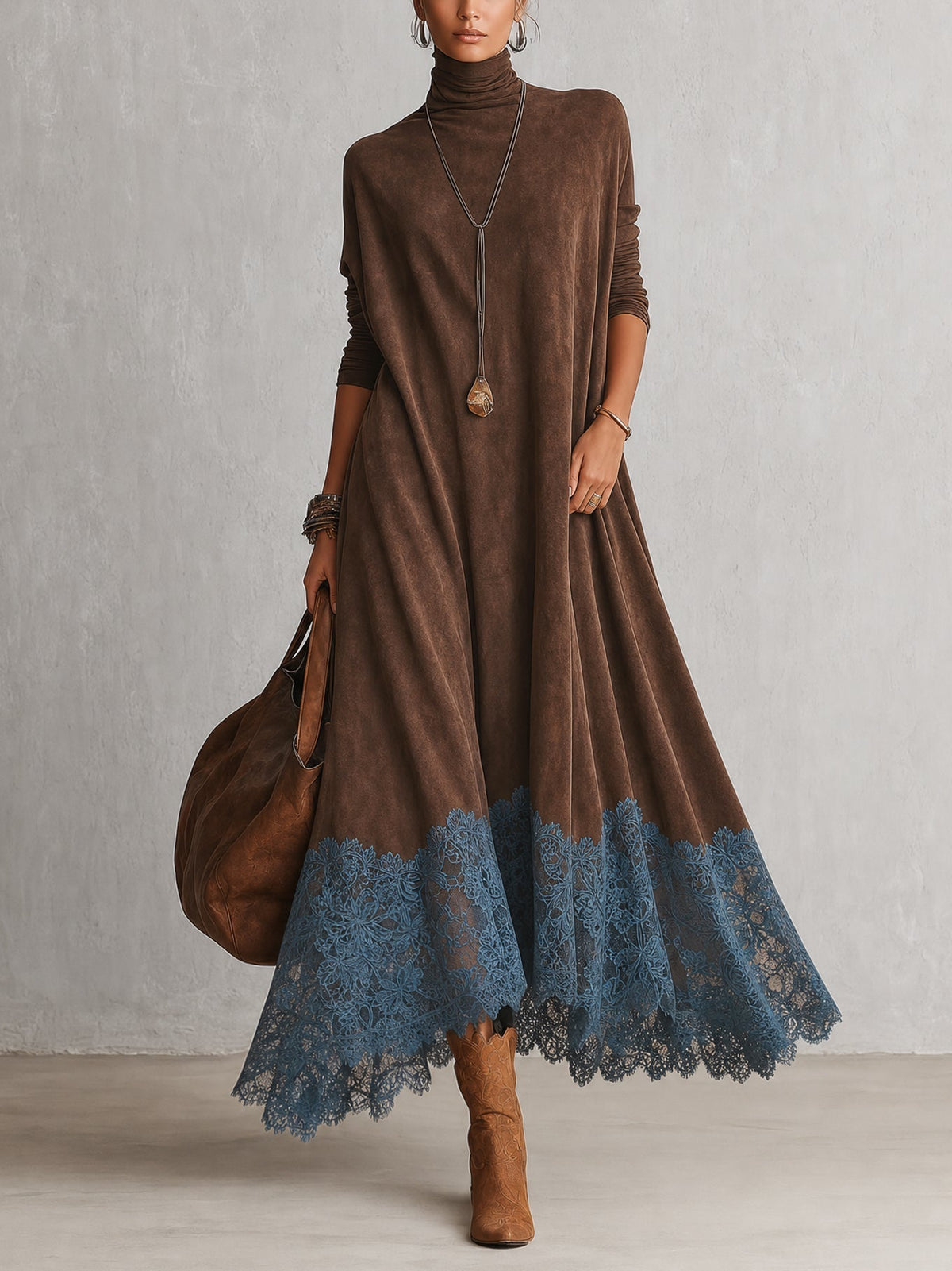 Brunella | Vestido Largo Efecto Ante con Encaje