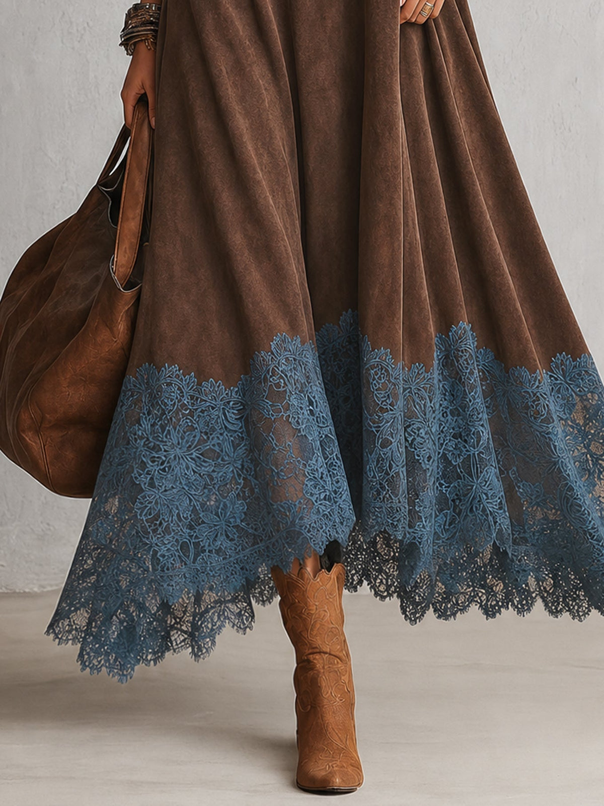 Brunella | Vestido Largo Efecto Ante con Encaje