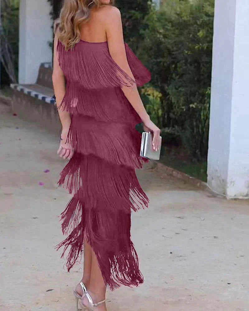 Lottie - Vestido con Flecos y Escote al Hombro