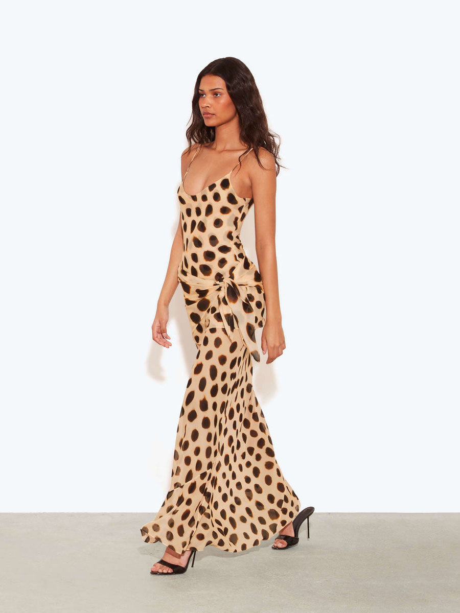 Clara · Vestido maxi con estampado de lunares de animales