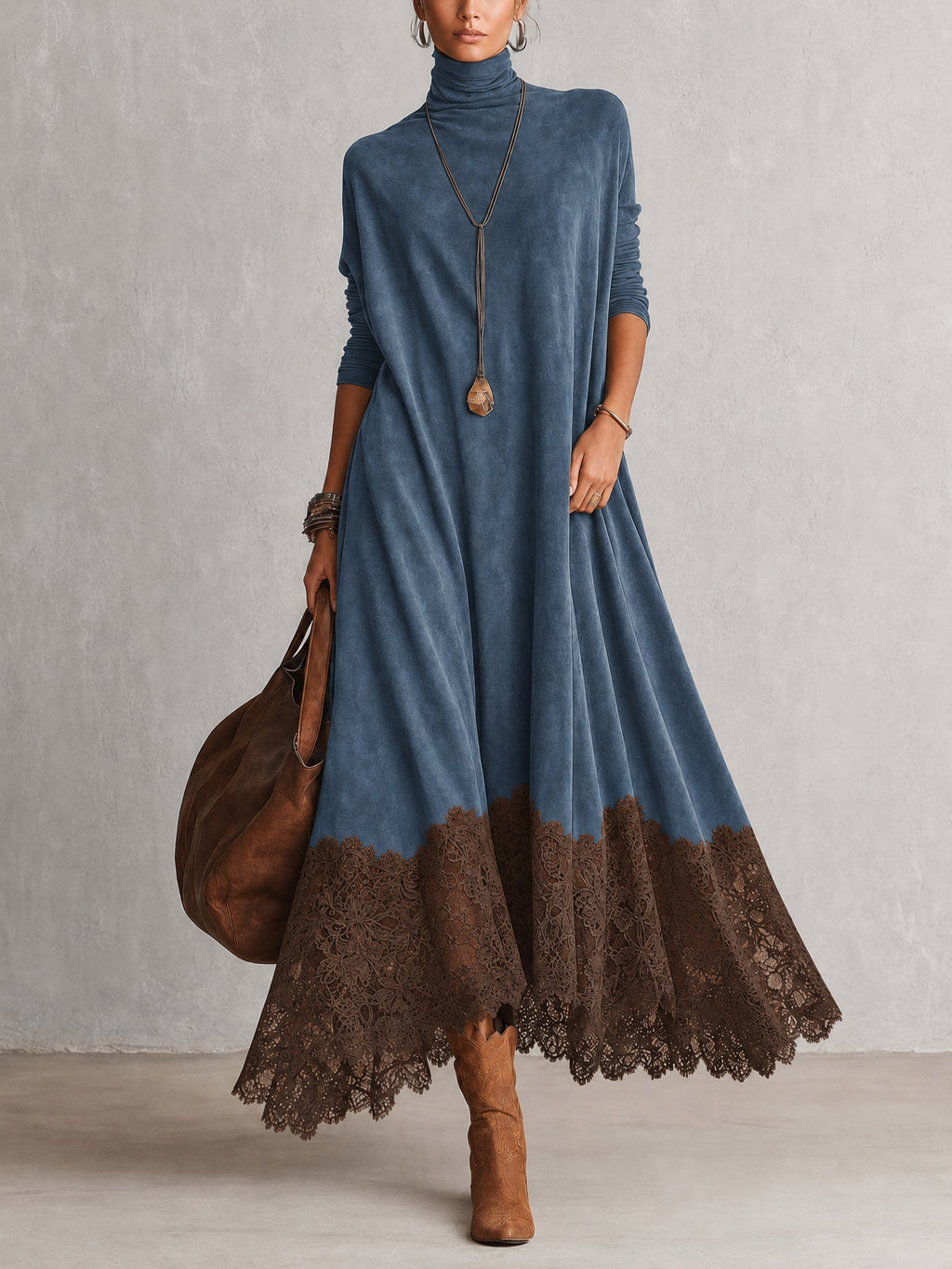 Brunella | Vestido Largo Efecto Ante con Encaje