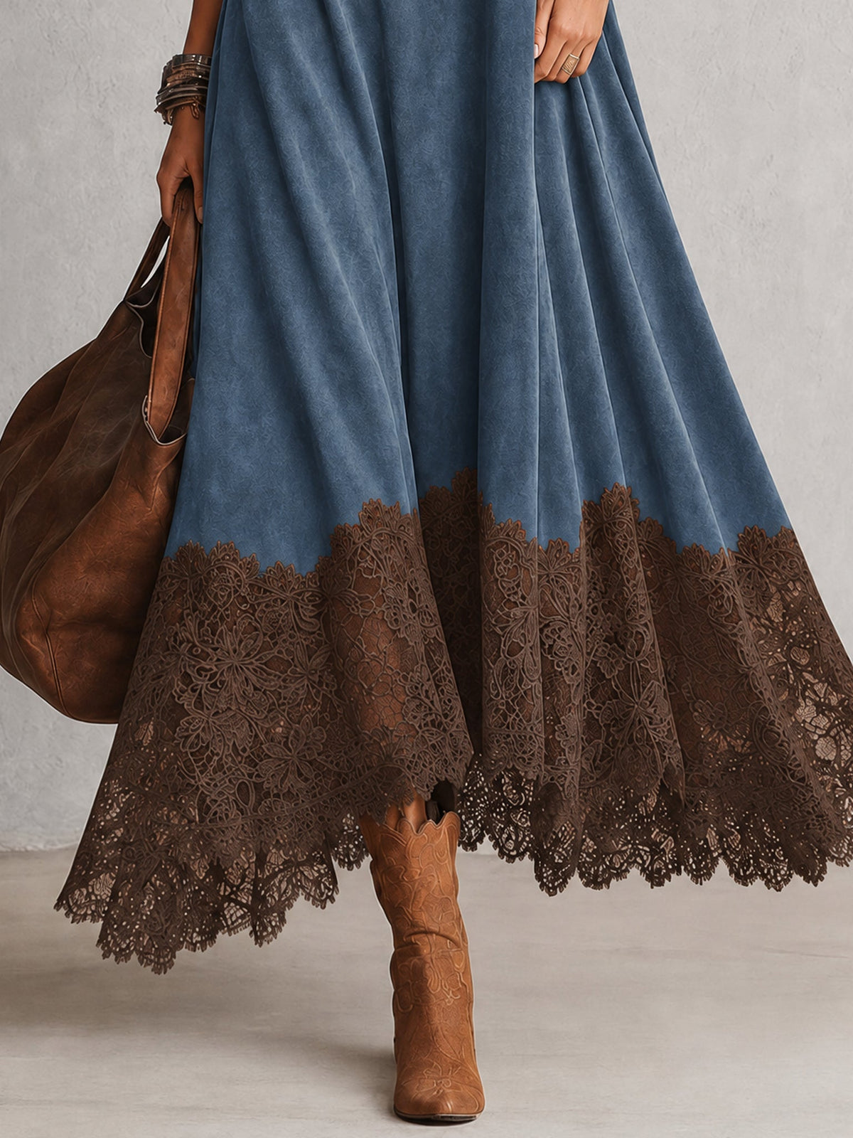 Brunella | Vestido Largo Efecto Ante con Encaje