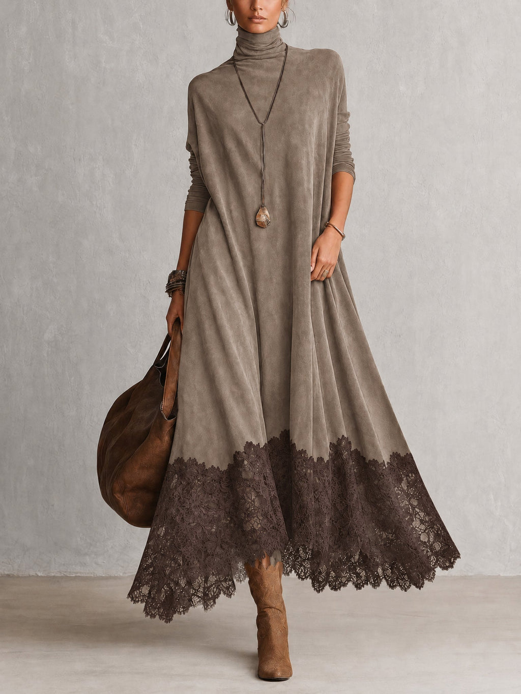 Brunella | Vestido Largo Efecto Ante con Encaje