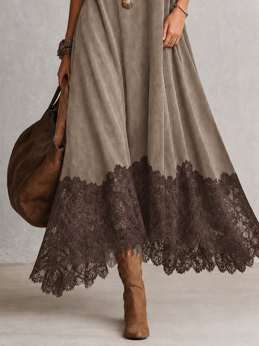 Brunella | Vestido Largo Efecto Ante con Encaje