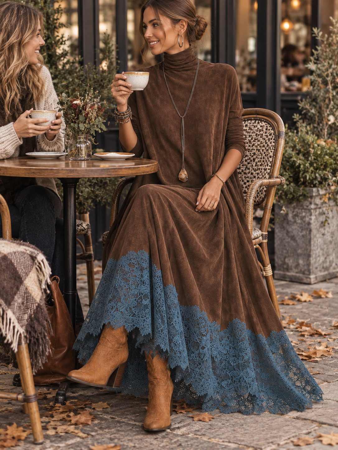 Brunella | Vestido Largo Efecto Ante con Encaje