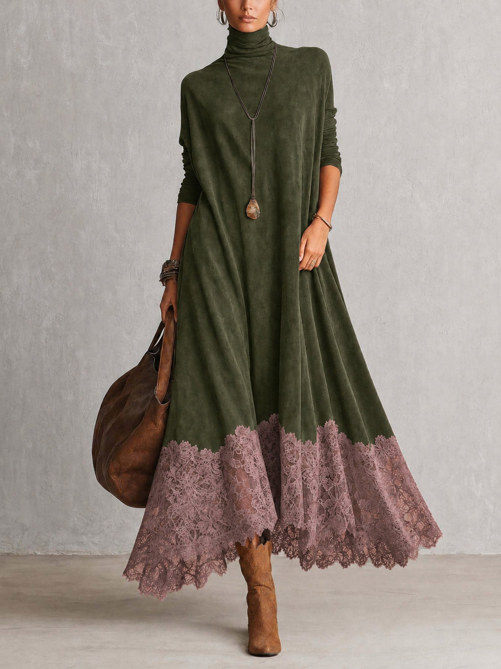 Brunella | Vestido Largo Efecto Ante con Encaje