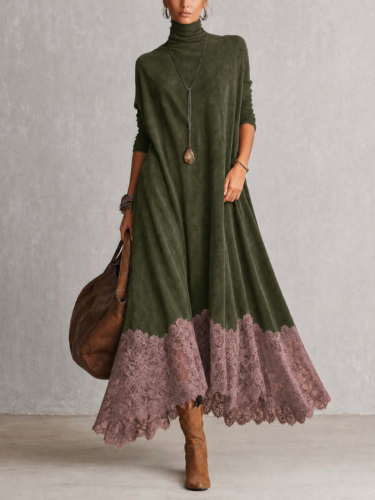Brunella | Vestido Largo Efecto Ante con Encaje