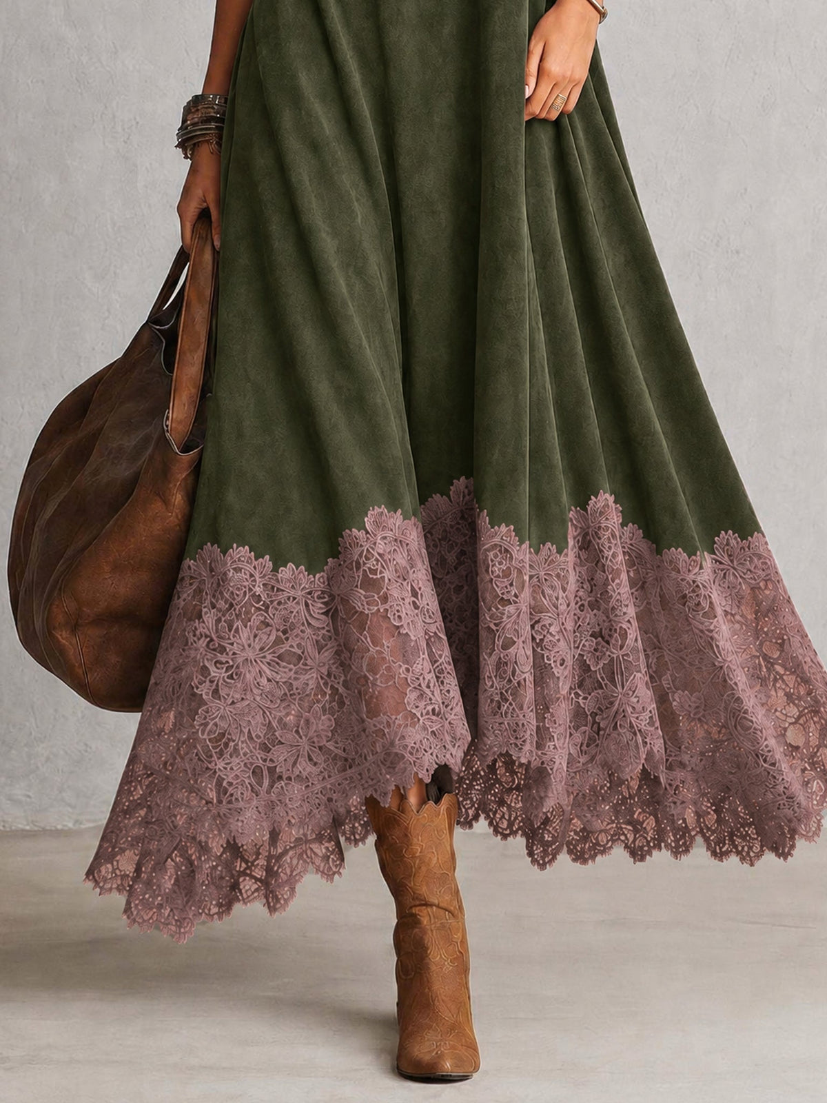 Brunella | Vestido Largo Efecto Ante con Encaje