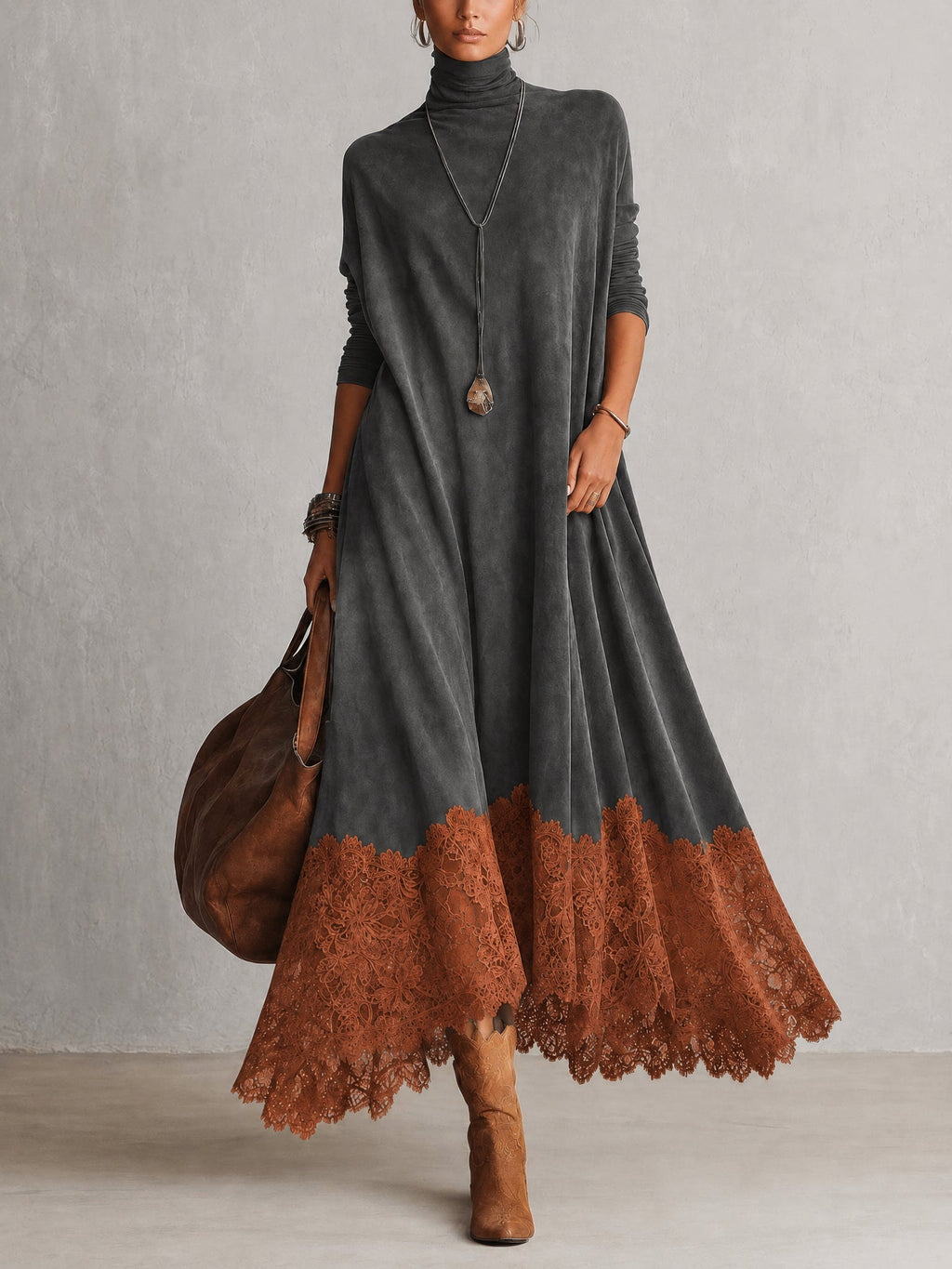 Brunella | Vestido Largo Efecto Ante con Encaje