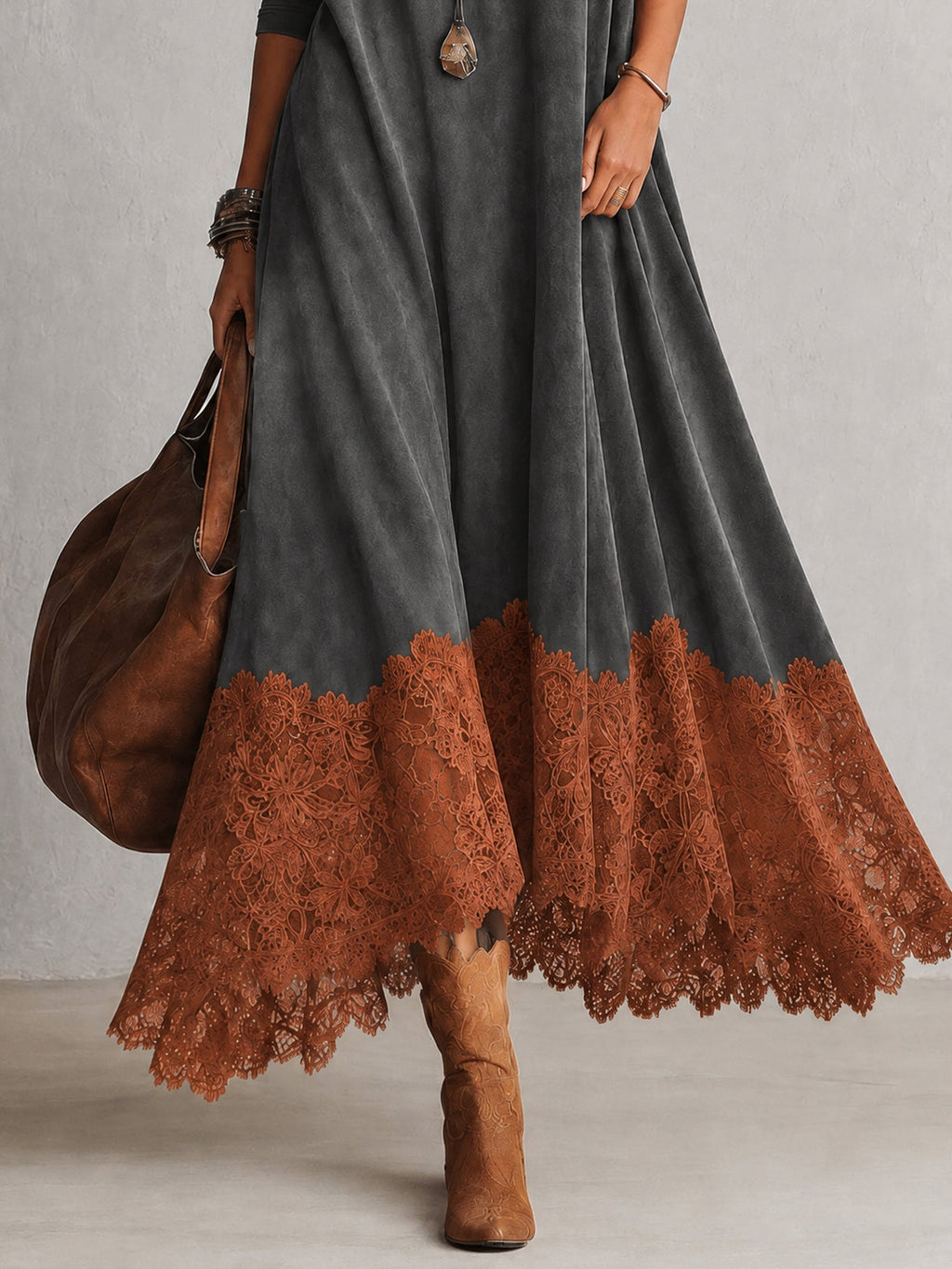Brunella | Vestido Largo Efecto Ante con Encaje