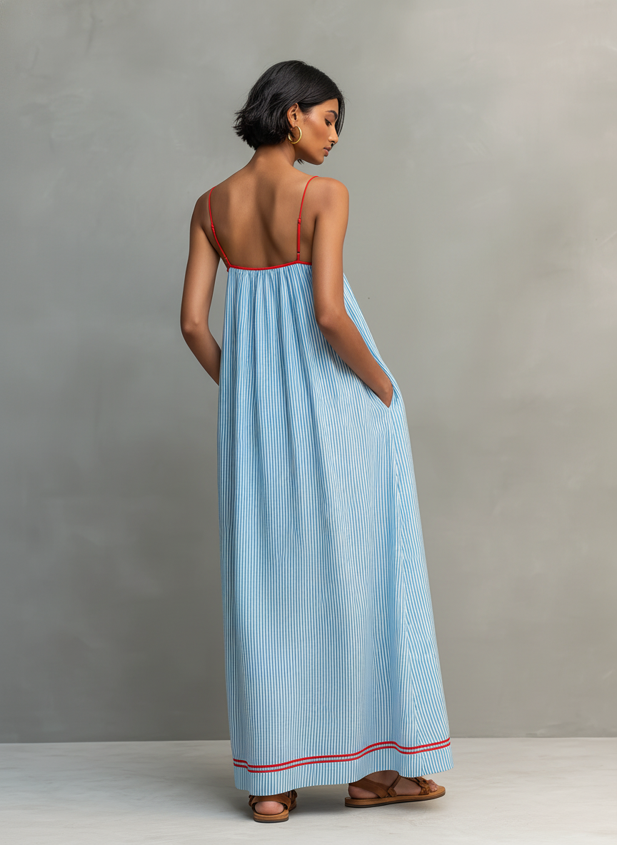 Alma · Vestido Azul con Tirantes Finos y Bolsillos