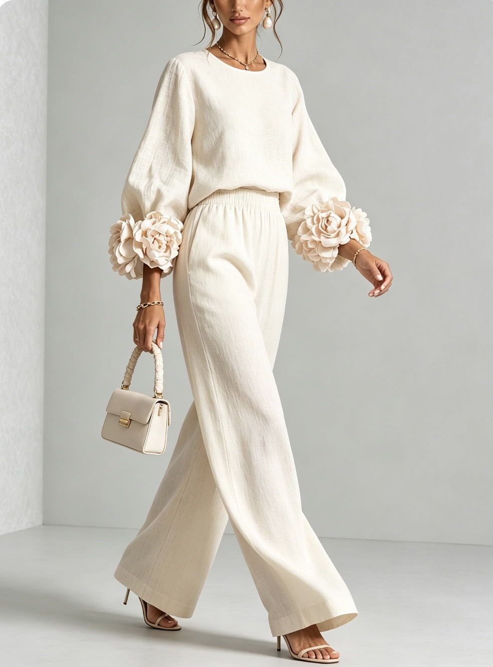 Ofelia | Conjunto con Puños Florales y Pantalón Ancho