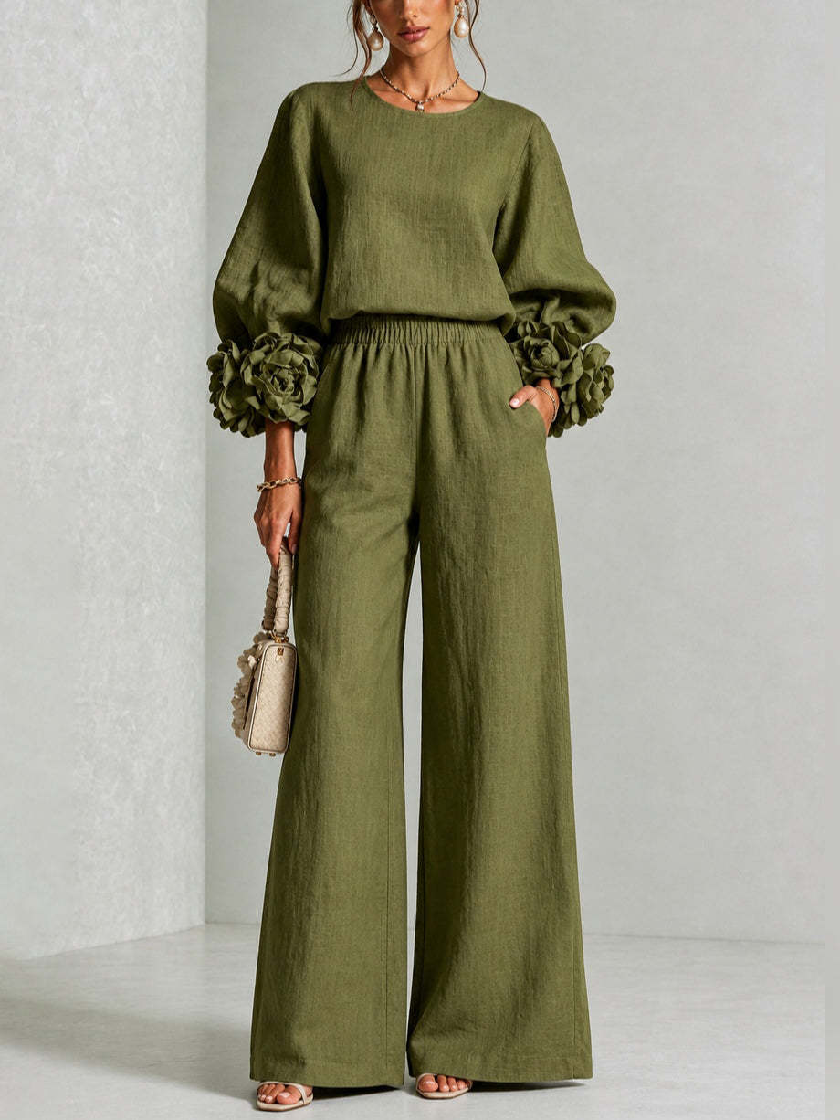 Ofelia | Conjunto con Puños Florales y Pantalón Ancho