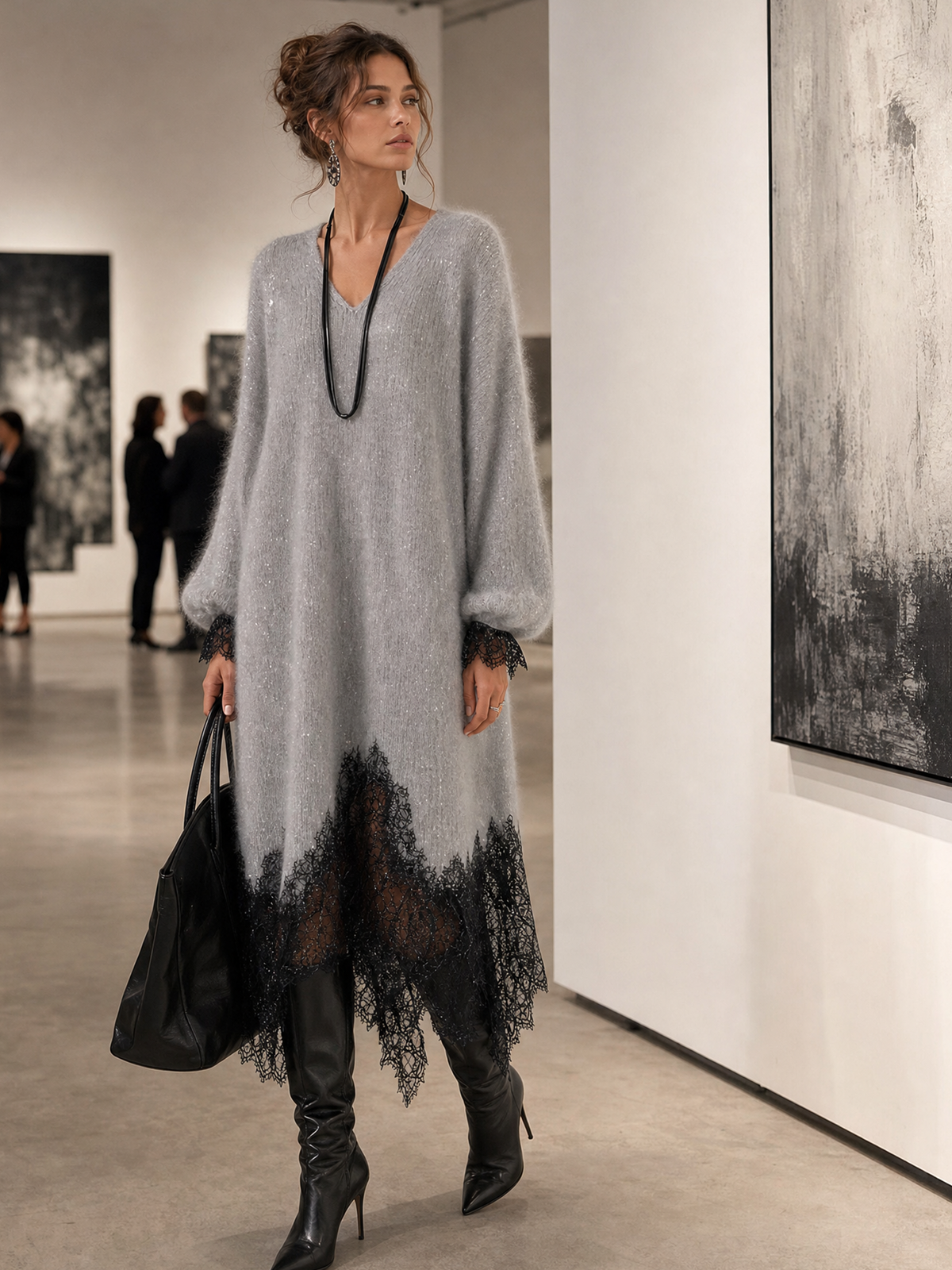 Raquel | Vestido Midi Gris de Punto con Encaje