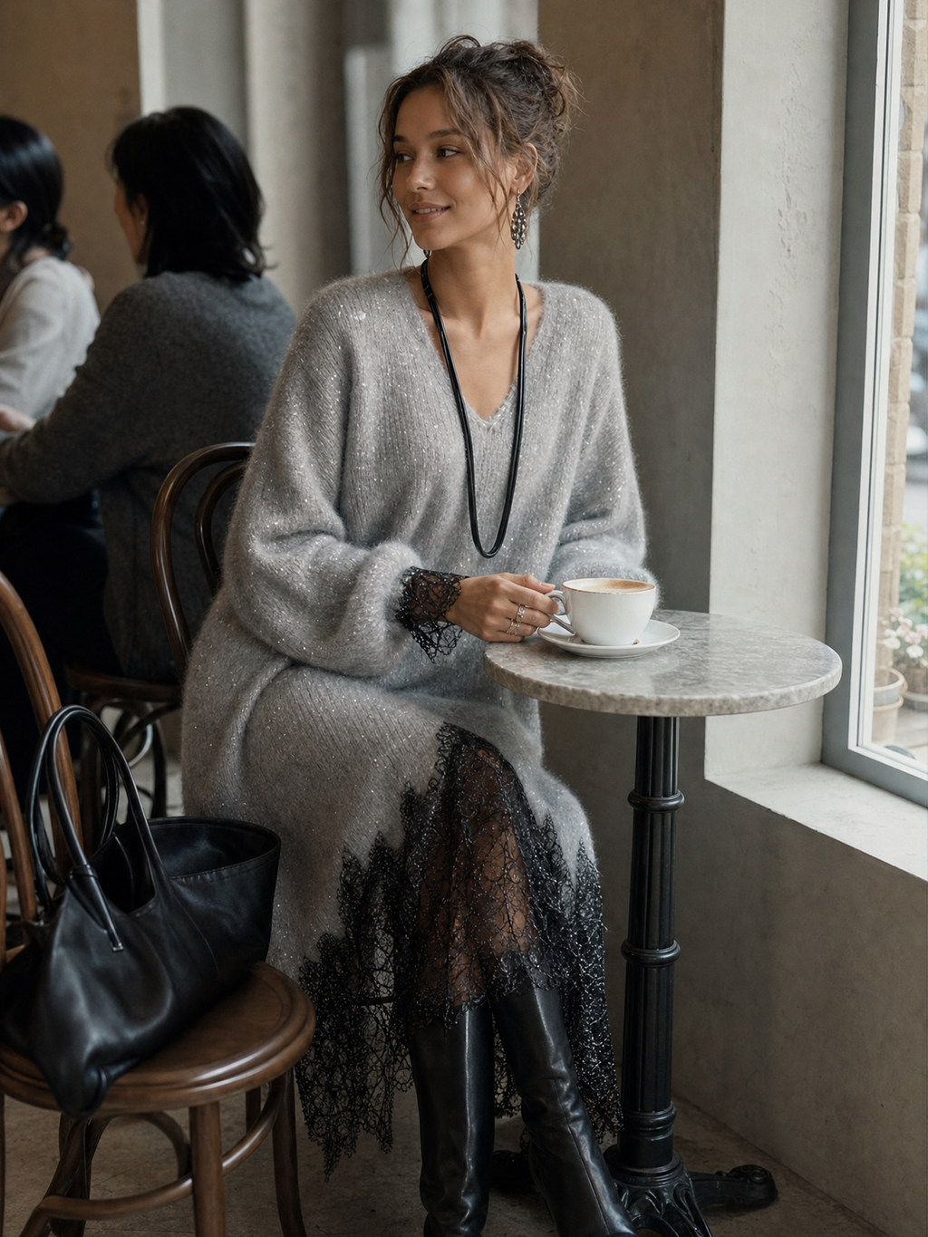 Raquel | Vestido Midi Gris de Punto con Encaje