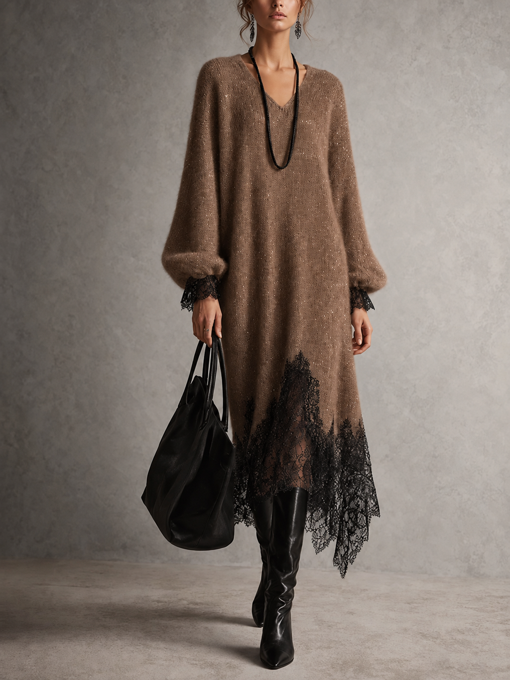 Raquel | Vestido Midi Gris de Punto con Encaje