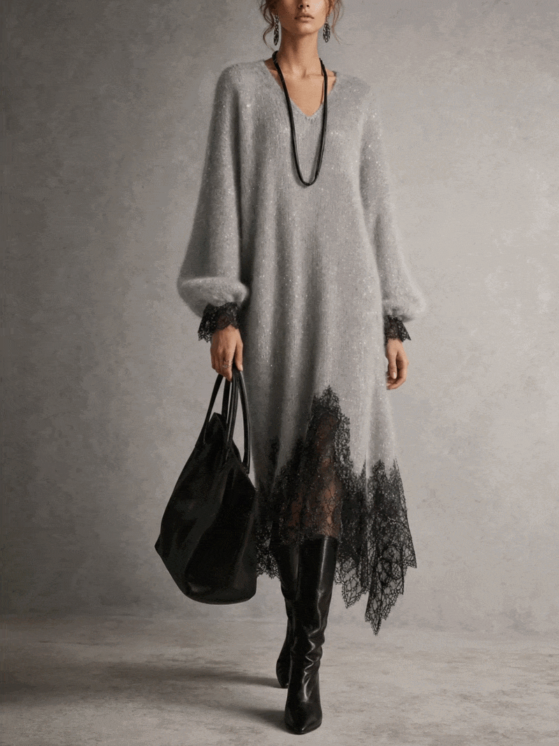 Raquel | Vestido Midi Gris de Punto con Encaje