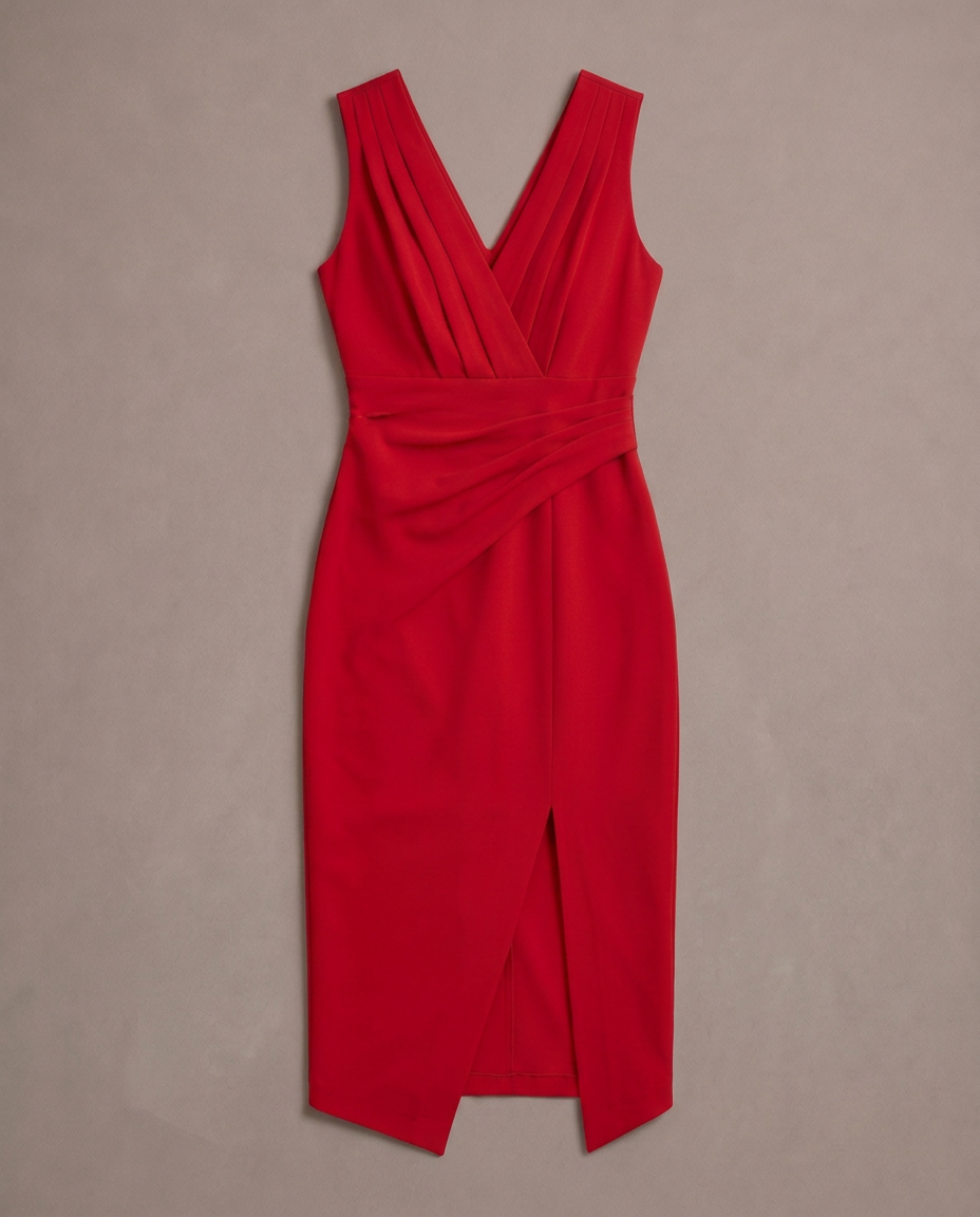 Vestido midi elegante con drapeado y abertura asimétrica