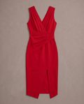 Vestido midi elegante con drapeado y abertura asimétrica
