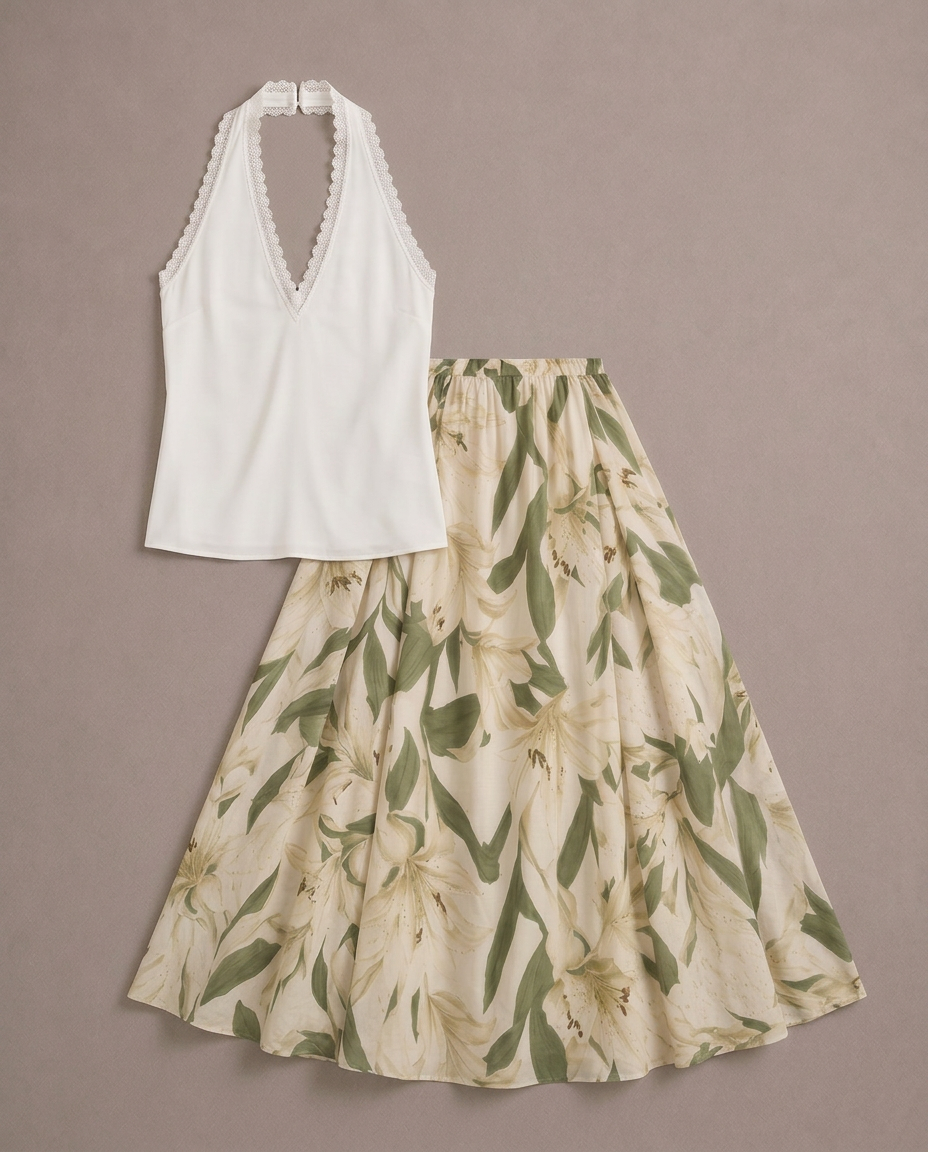 Conjunto de verano con top halter y falda larga floral