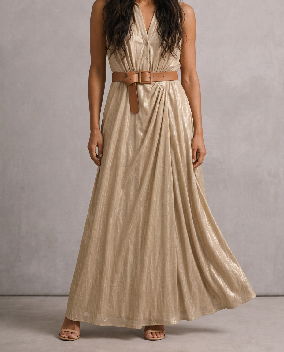 Vestido largo drapeado con cinturón