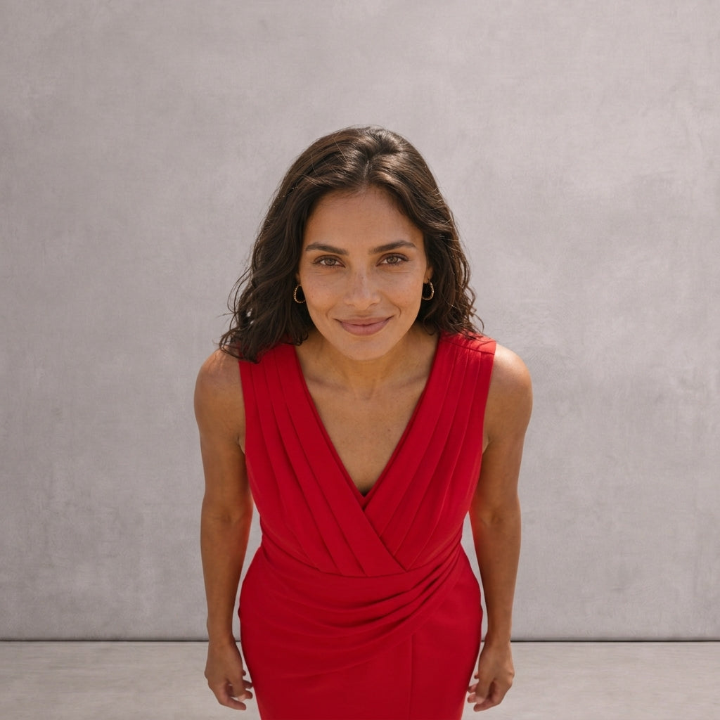 Vestido midi elegante con drapeado y abertura asimétrica