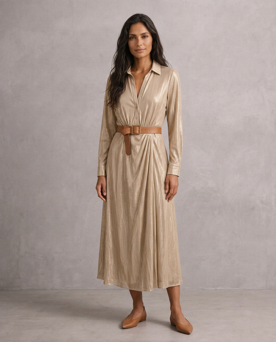 Vestido largo drapeado con cinturón